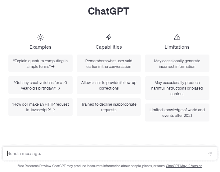 chat GPT ekran startowy z przykładowymi zadaniami