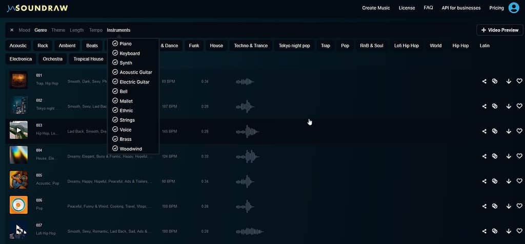 Soundraw panel główny narzędzia AI do muzyki