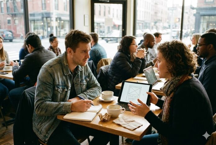 alt: Założyciel startupu przeprowadza wywiad z potencjalną klientką w kawiarni, notując uwagi dotyczące prototypu aplikacji widocznego na tablecie, co ilustruje proces Customer Discovery.