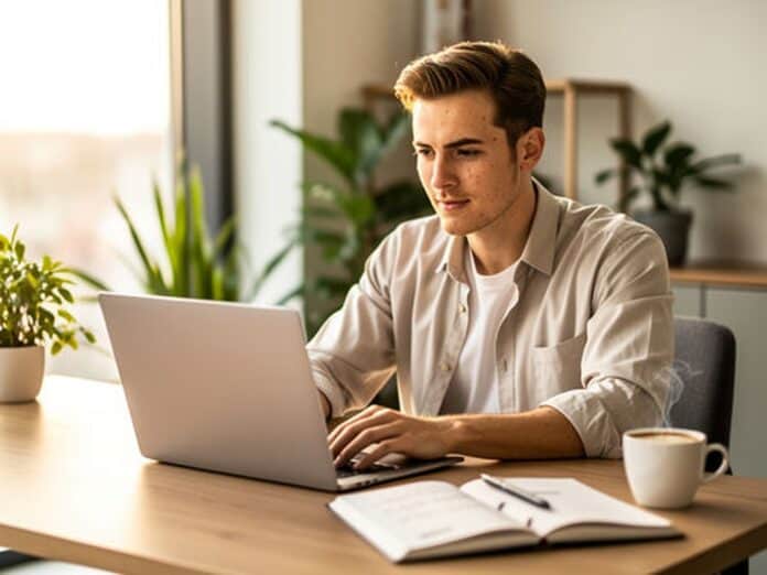 Młody przedsiębiorca przy laptopie w domowym biurze zakłada firmę online