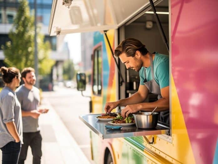 Food truck na ulicy, kucharz przygotowuje street food dla klientów