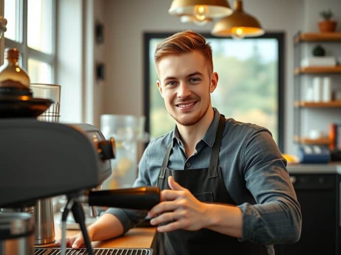 Barista przygotowuje kawę przy ekspresie w nowoczesnej kawiarni