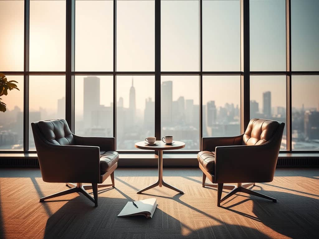 Dwa fotele i stolik z kawą na tle panoramy miasta, miejsce rozmowy założyciela z aniołem biznesu