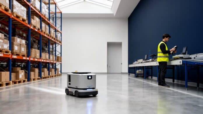 Robot mobilny AMR i pracownik ze skanerem kodow kreskowych w zautomatyzowanym magazynie malej firmy
