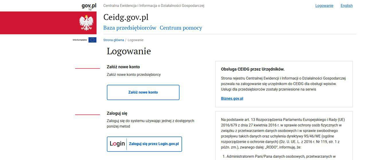 Strona startowa wniosku CEIDG-1 na biznes.gov.pl