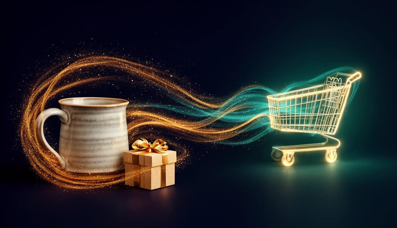 Ceramiczny kubek i prezent ze strumieniem światła wpadającym do świetlistego wózka sklepowego, symbol sprzedaży rękodzieła online