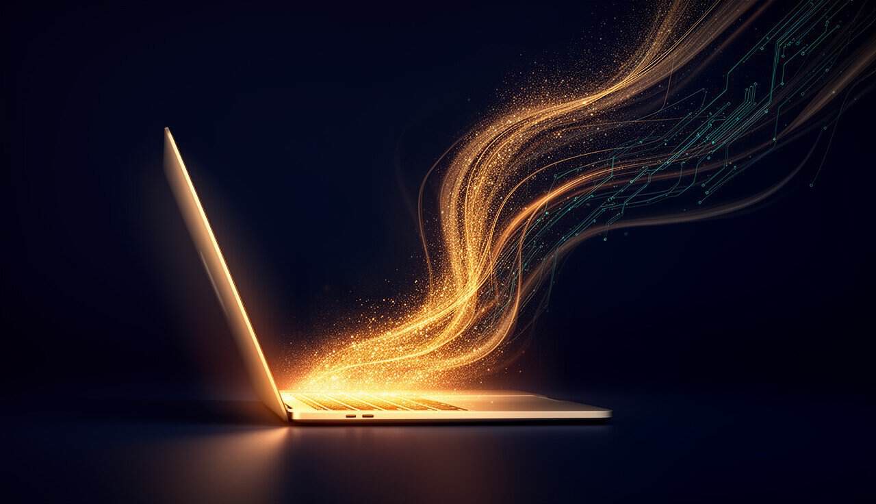 Laptop ze złotym strumieniem cząstek, symbol zamiany umiejętności w dodatkowy zarobek