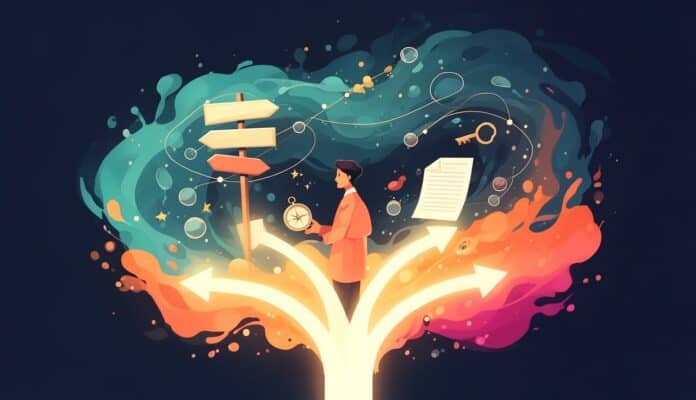 Ilustracja: osoba z kompasem stoi na rozwidleniu trzech swiecacych sciezek, wokol drogowskazy i dokumenty