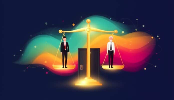 Waga sprawiedliwości z młodszym i starszym pracownikiem na szalkach jako symbol dyskryminacji ze względu na wiek dotykającej obu pokoleń
