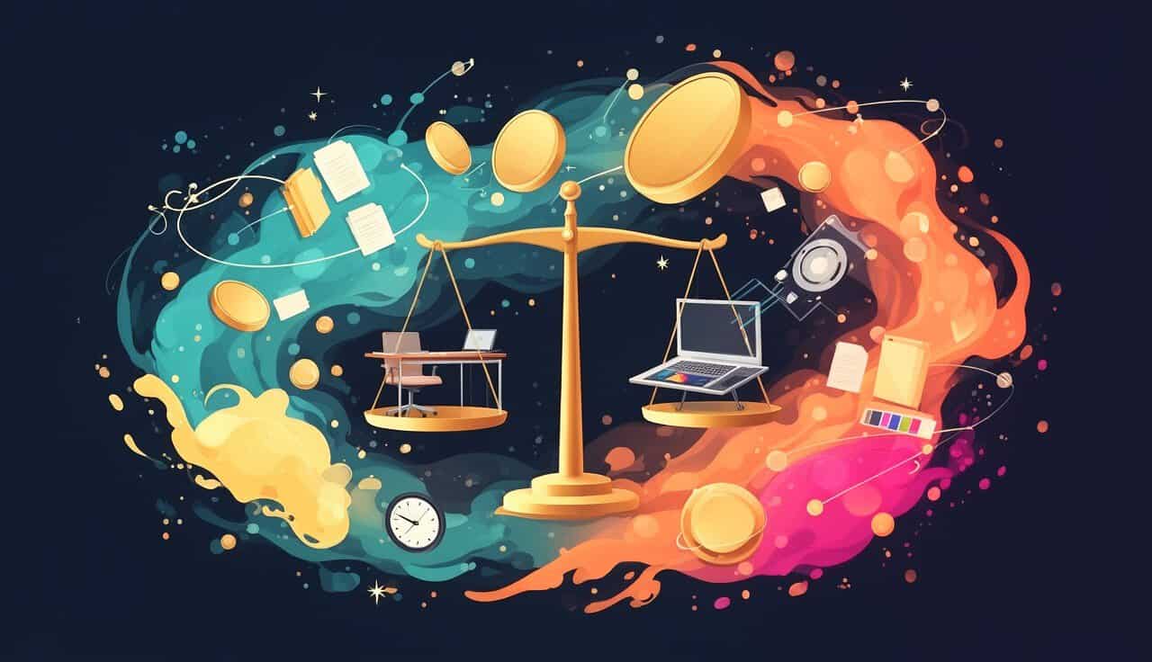 Waga z biurkiem biurowym na jednej szali i laptopem freelancera na drugiej