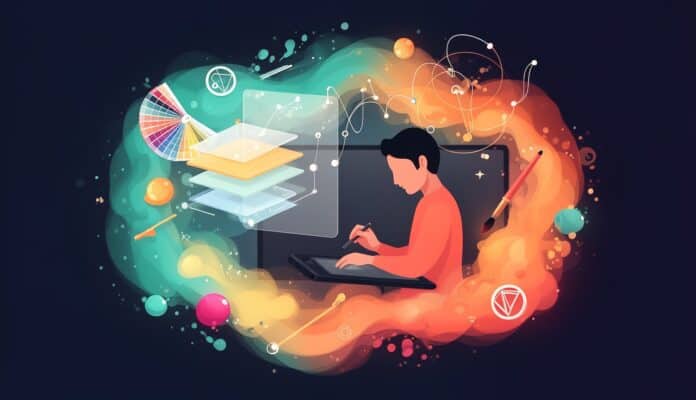 Ilustracja: grafik komputerowy rysuje na tablecie graficznym przy ekranie, wokol probnik kolorow i warstwy projektu