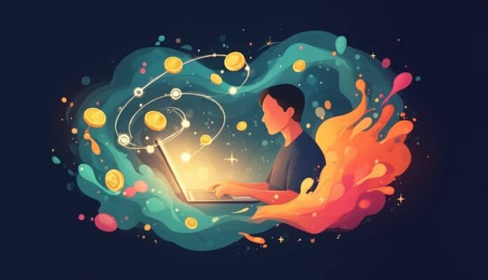 Ilustracja: copywriter piszący na laptopie otoczony wirującymi monetami i kolorowymi kształtami, symbol zarobków w copywritingu