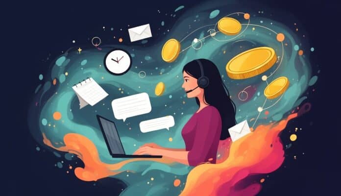 Ilustracja: wirtualna asystentka pracuje na laptopie ze słuchawkami, wokół monety, zegar i kalendarz
