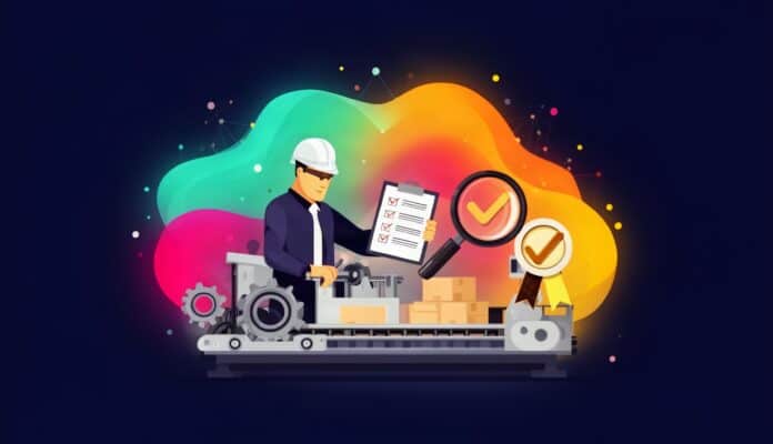 Inżynier jakości w kasku z checklistą i lupą przy taśmie produkcyjnej z zębatkami, ilustracja kontroli jakości