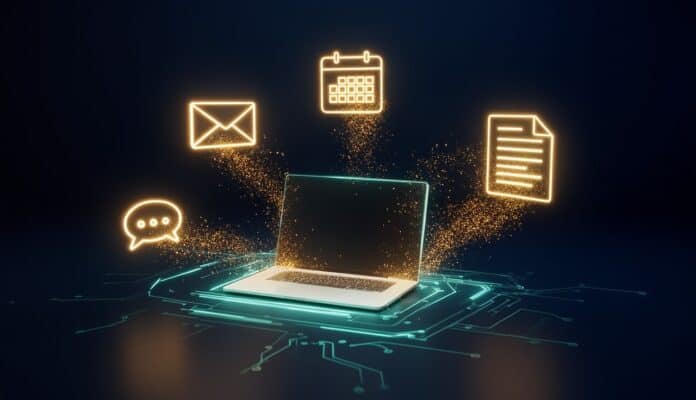 Laptop otoczony świetlistymi ikonami maila, kalendarza, dokumentu i czatu, symbol pracy wirtualnej asystentki