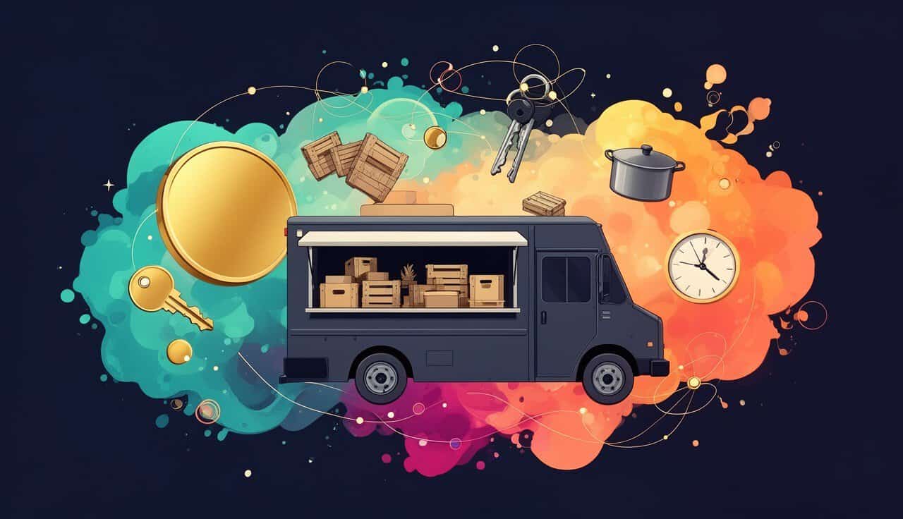 Food truck ze skrzynkami zaopatrzenia, kluczami, garnkiem i zegarem
