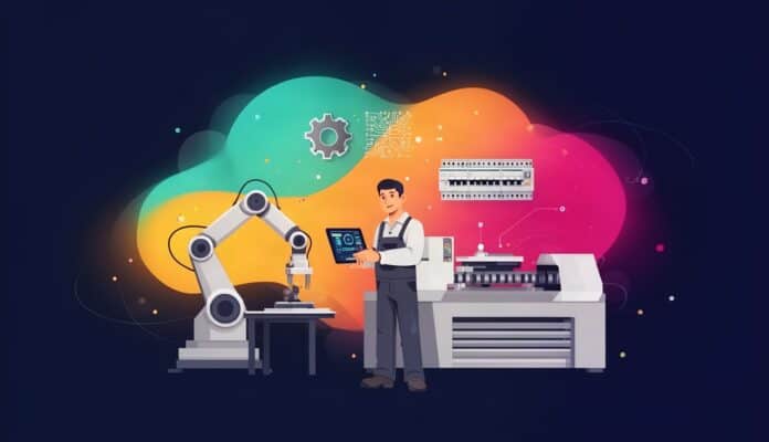 Technik mechatronik z tabletem diagnostycznym przy ramieniu robota i maszynie przemysłowej, obok zębatka i sterownik PLC