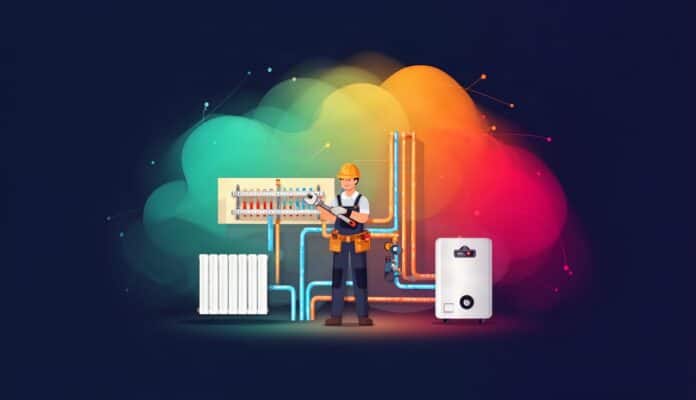 Monter instalacji sanitarnych w kasku z kluczem przy rozdzielaczu, grzejniku i kotle, ilustracja zawodu hydraulika