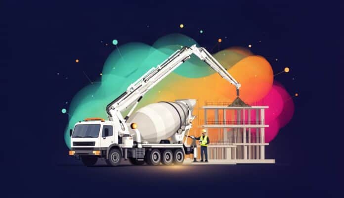Pompogruszka do betonu z ramieniem podającym beton na budowie i operator w kasku, ilustracja zawodu operatora pompy do betonu