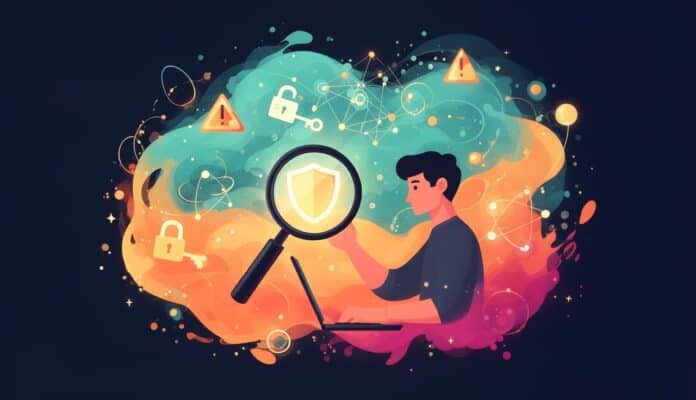Ilustracja: pentester przy laptopie trzyma lupe nad swiecaca tarcza, wokol klodki, klucze i wezly sieci