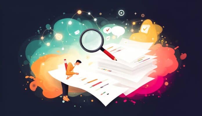 Ilustracja: redaktor z czerwonym olowkiem pracuje nad arkuszem tekstu, obok lupa i stos kartek z zaznaczeniami