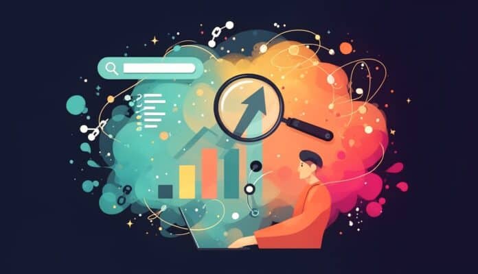 Ilustracja: specjalista SEO przy laptopie z lupa nad rosnacym wykresem i strzalka w gore, obok pasek wyszukiwania i wezly linkow